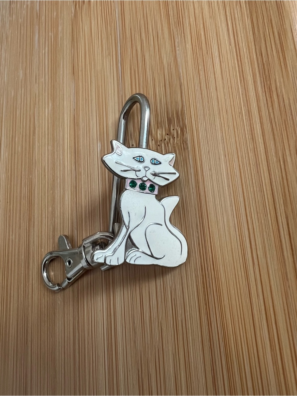 Silver Cat Keychain Clip/purse charm with Green Accents - Pets Cat Accessory